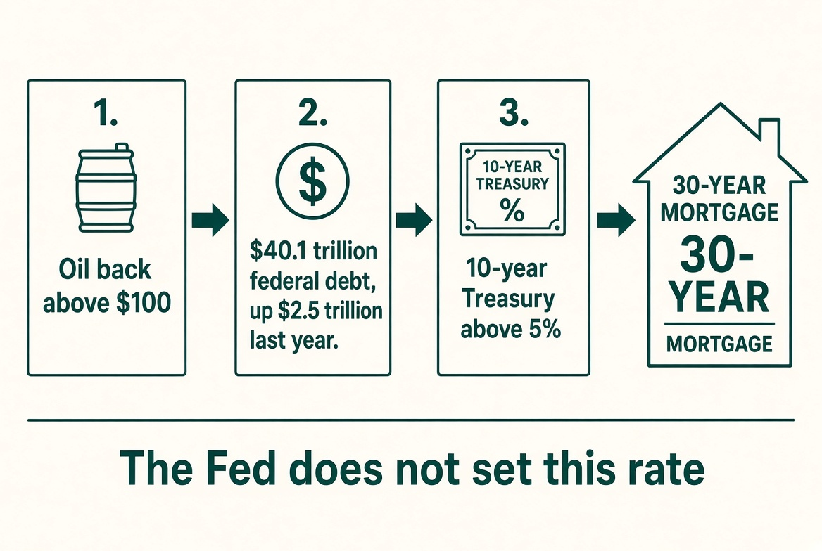 Oil above $100, $40.1 trillion federal debt, and the 10-year Treasury above 5 percent feed the 30-year mortgage. The Fed does not set this rate.