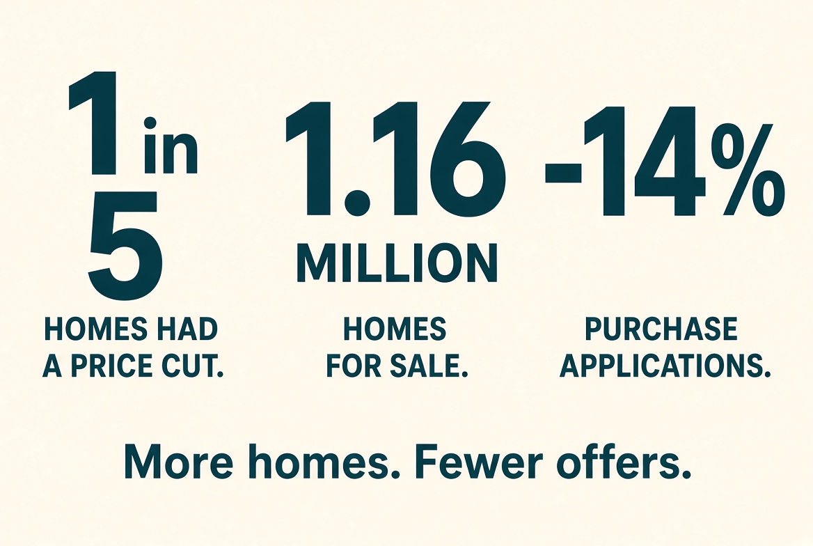 More homes. Fewer offers. 1 in 5 homes had a price cut, 1.16 million homes for sale, purchase applications down 14 percent.