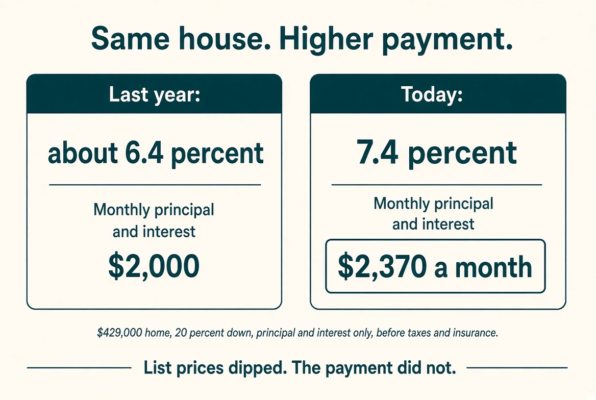 Same house. Higher payment. About 6.4 percent last year versus 7.4 percent today: roughly $2,000 then and $2,370 a month now on a $429,000 home with 20 percent down.