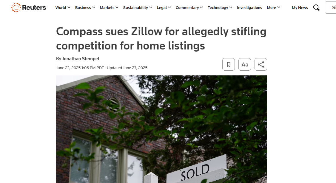 Reuters: Compass sues Zillow for allegedly stifling competition for home listings