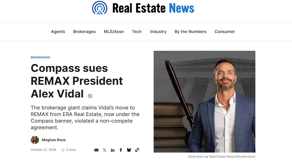 Real Estate News: Compass sues RE/MAX President Alex Vidal over non-compete agreement