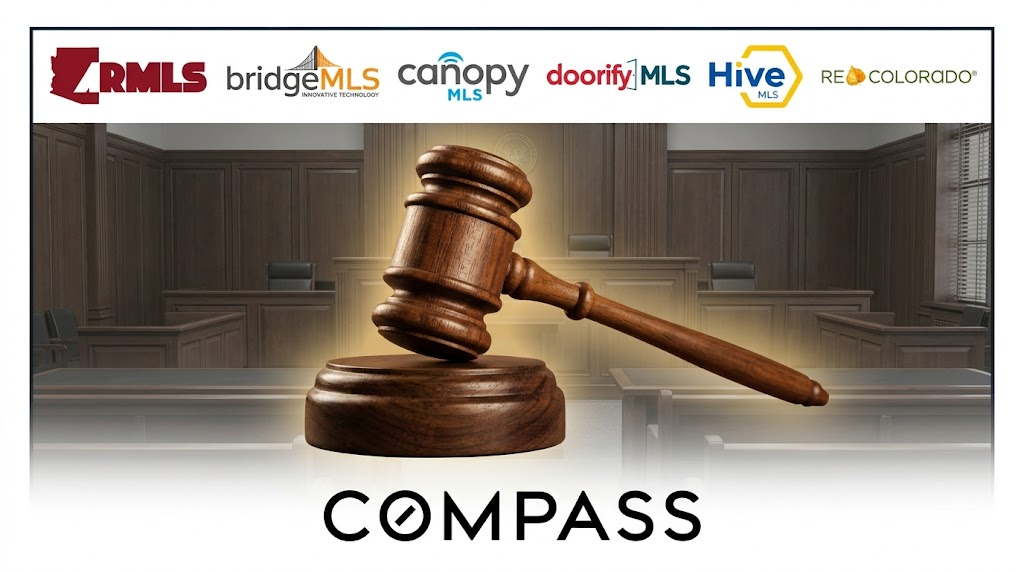Logos of the six MLSs suing Compass: ARMLS, BridgeMLS, Canopy MLS, Doorify MLS, Hive MLS, and REcolorado, with a gavel
