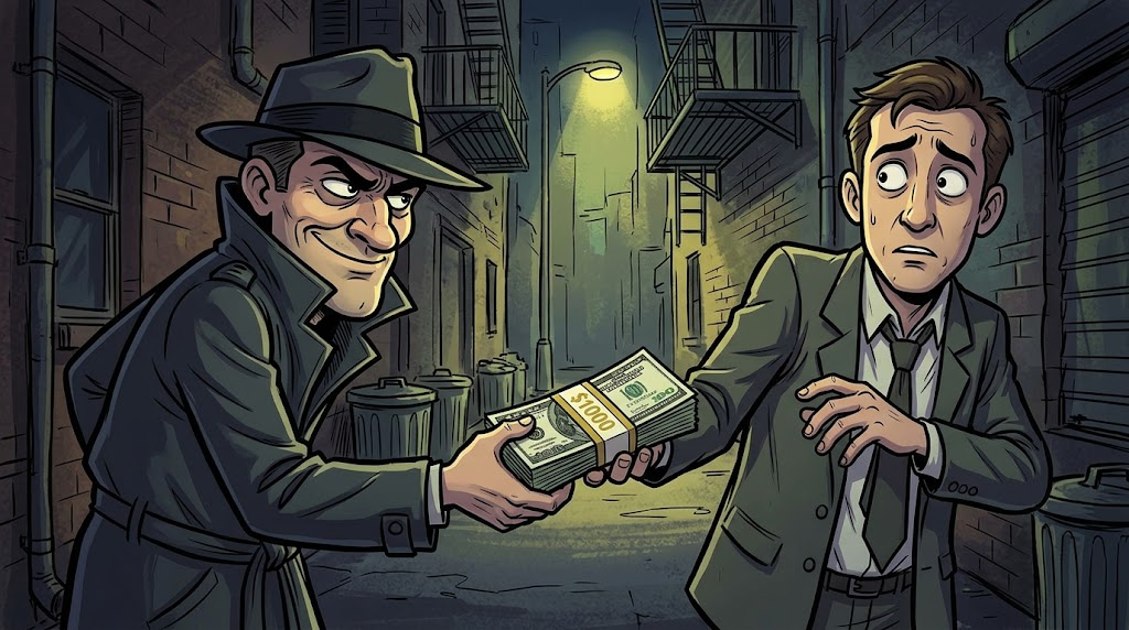 Illustration of a shady figure handing an agent a stack of cash
