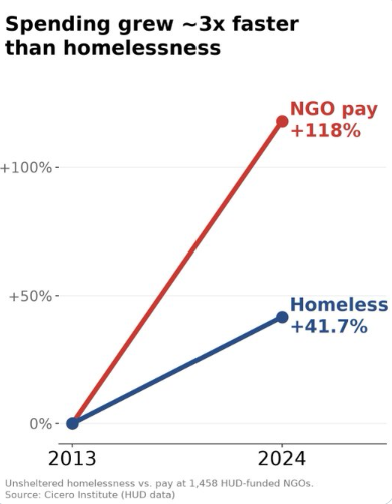 Chart: spending on NGOs grew about 3 times faster than homelessness, 2013 to 2024