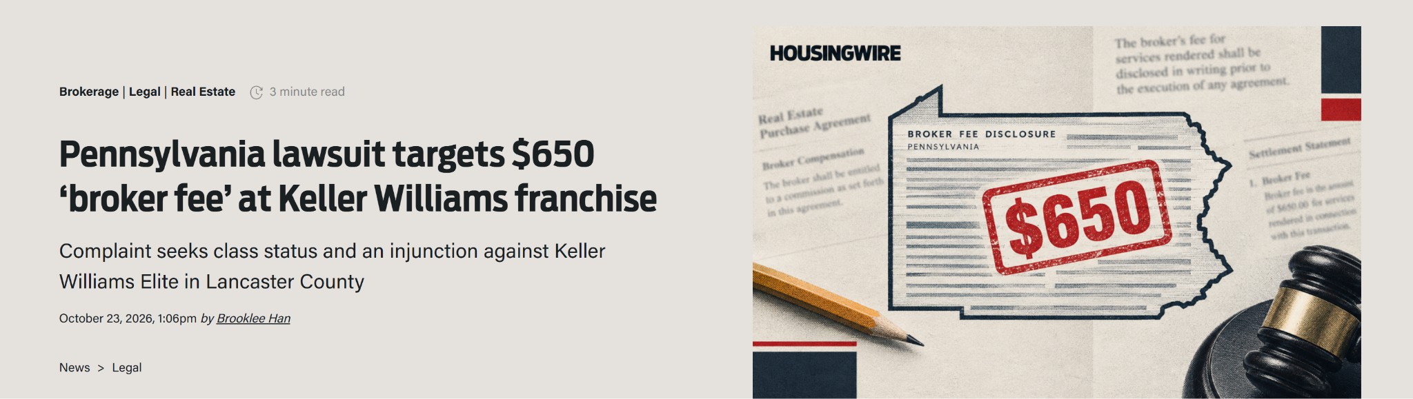 HousingWire: Pennsylvania lawsuit targets $650 broker fee at Keller Williams franchise
