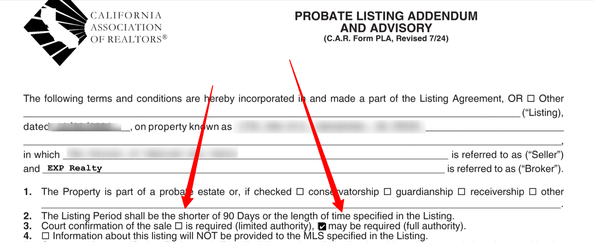 C.A.R. Probate Listing Addendum and Advisory (Form PLA, Revised 7/24), paragraph 3, with red arrows pointing to the two choices: court confirmation is required (limited authority) or may be required (full authority). Personal details are blurred.