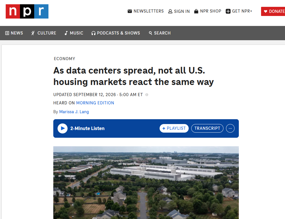 NPR headline: As data centers spread, not all U.S. housing markets react the same way
