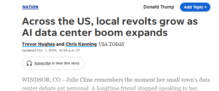 USA Today headline on data center revolts across the US