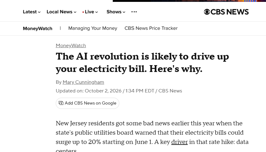 CBS News headline: The AI revolution is likely to drive up your electricity bill