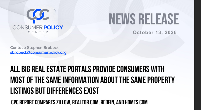 Consumer Policy Center news release comparing Zillow, Realtor.com, Redfin, and Homes.com