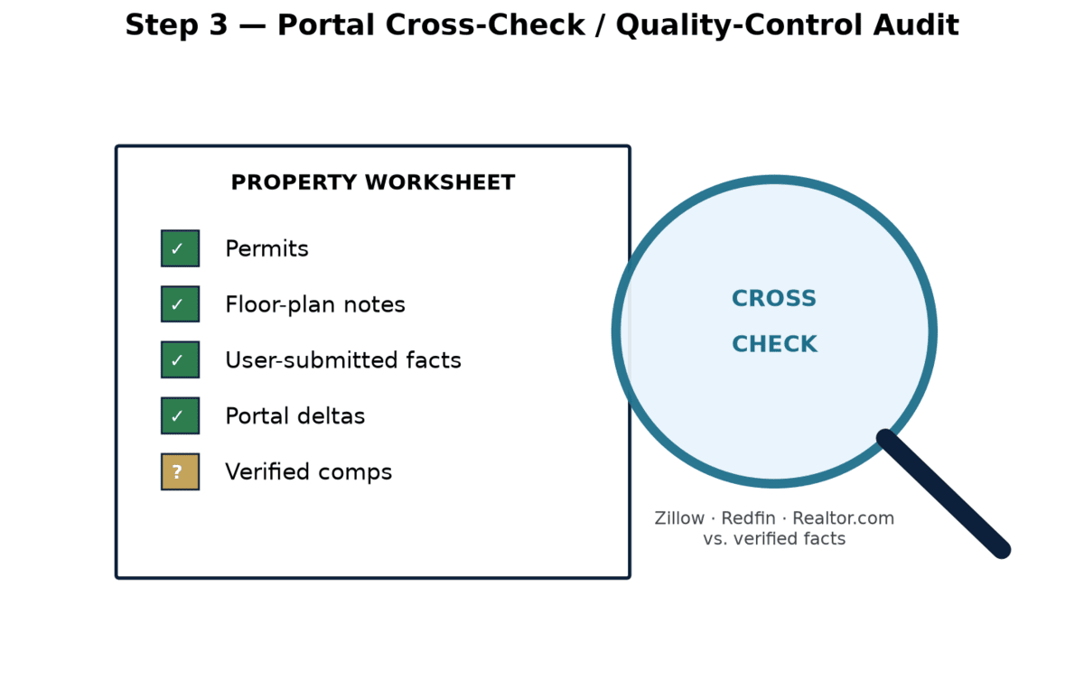 Step 3 graphic: portal cross-check quality-control audit