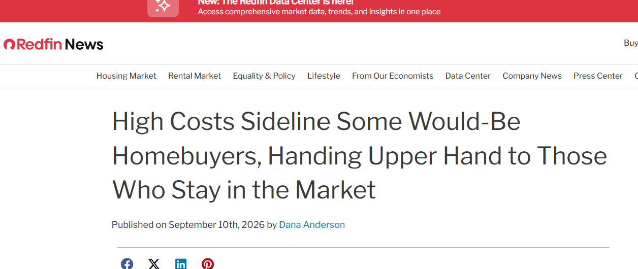 Redfin News headline: High Costs Sideline Some Would-Be Homebuyers
