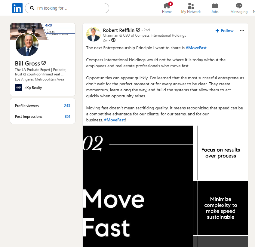 Robert Reffkin LinkedIn post on #MoveFast entrepreneurship principle