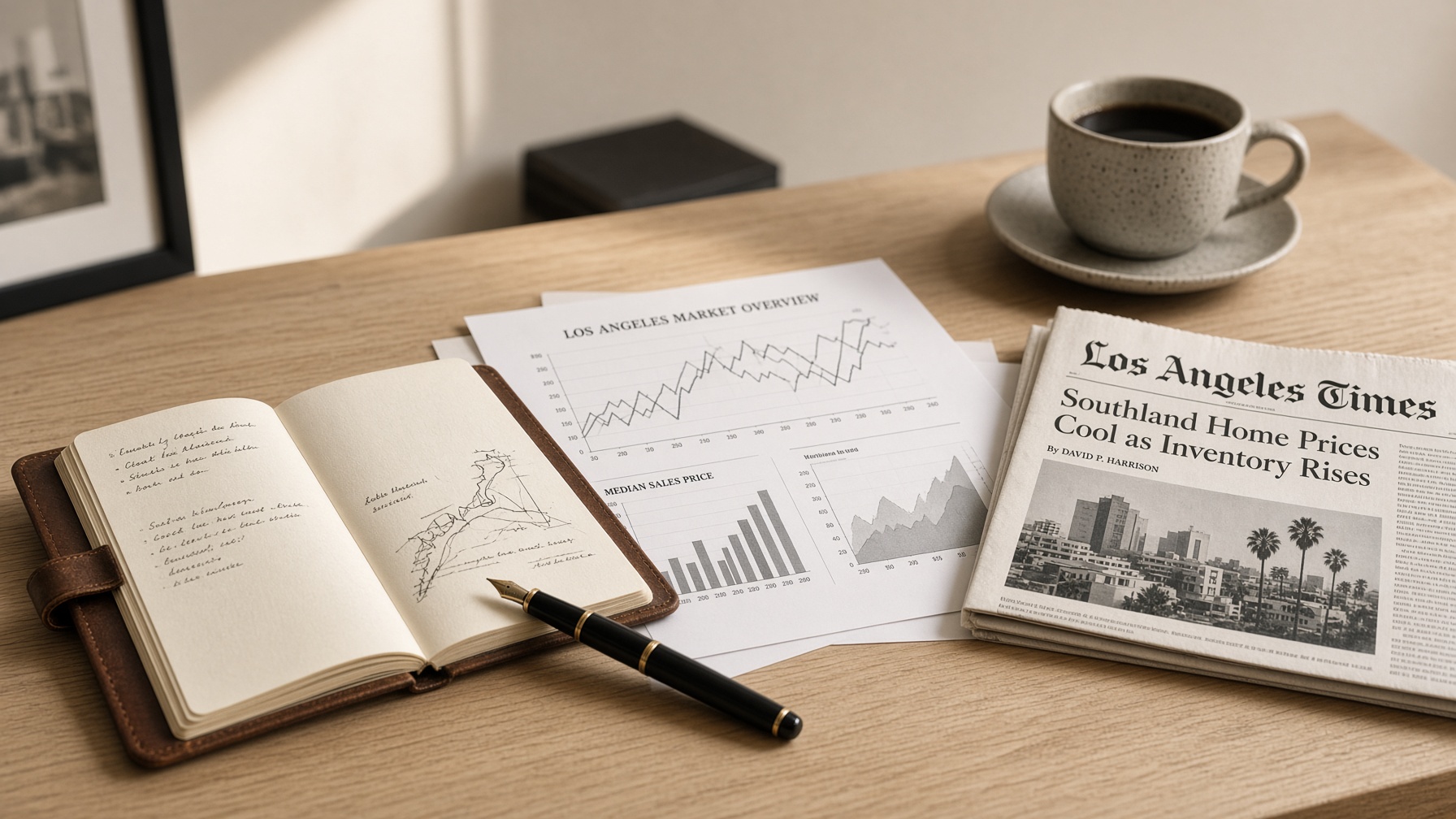 Editorial desk with notebook and market notes